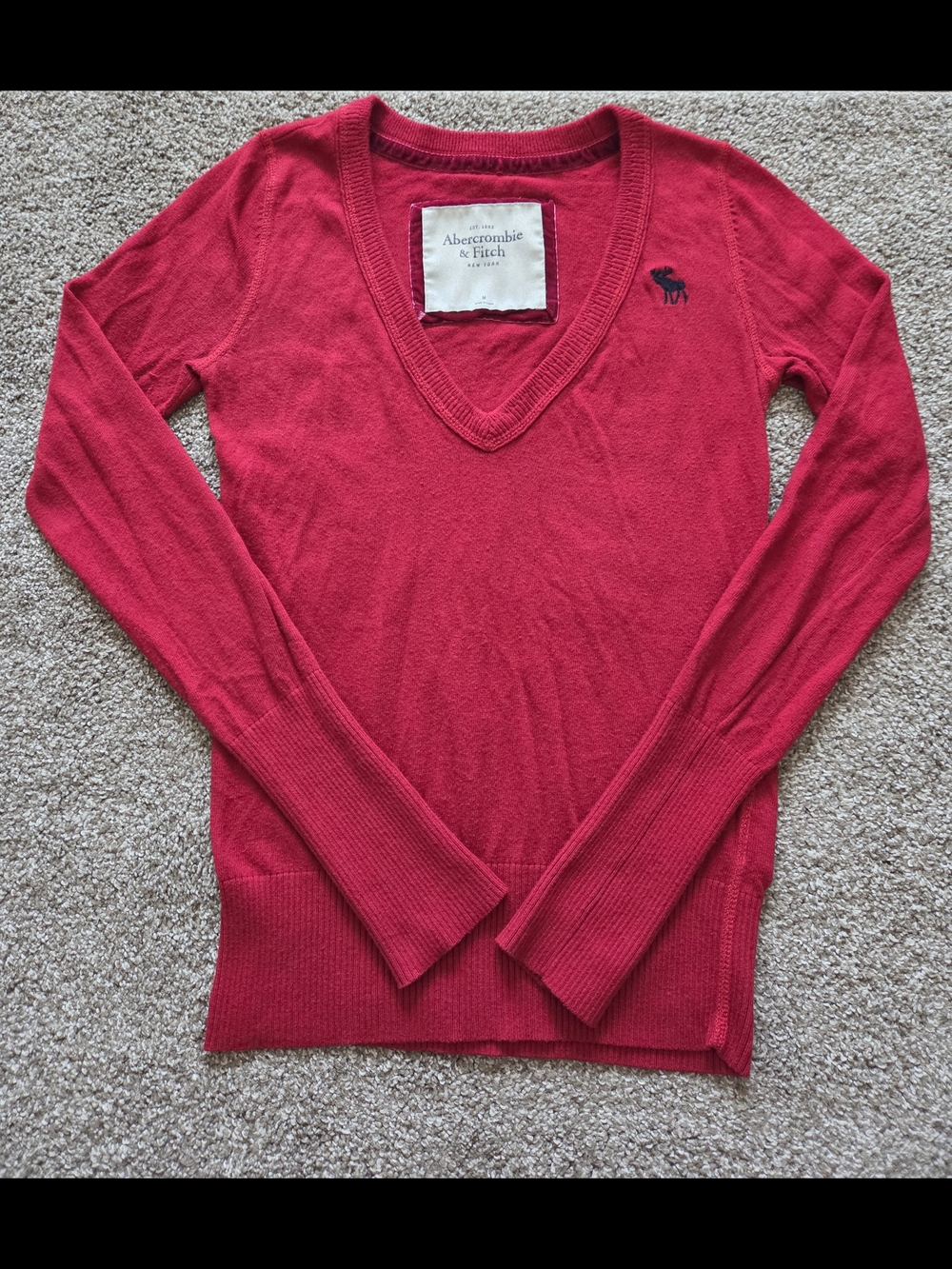 Abercrombie & Fitch Women's V-Neck Sweater Red Vintage Sz M Y2K Moose Logo